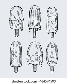  collection of ice cream on a stick. hand drawing vector illustration.