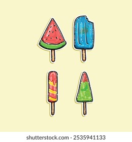 colección de paletas de helado aisladas sobre fondo crema. estilo de pegatina de diseño de Ilustración vectorial. Conjunto de paletas congeladas