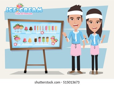 Collection of Ice Cream with seller. Menu. Design Elements.Vector Illustration