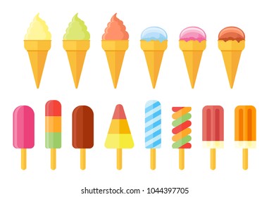 Collection of ice cream. Set of cones, ice lolly, popsicles isolated on white background. Flat style icons.