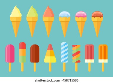 Collection of ice cream. Set of cones, ice lolly, popsicles isolated on blue background. Flat style icons.