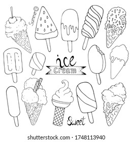 Collection of ice cream with stick and in waffle cone. Isolated vector hand drawn illustrations in doodle style. Black and white. Can use for menu, greeting card, product design.	