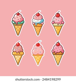 Collection of ice cream stickers. A set of delicious bright ice cream. Summer stickers for kids