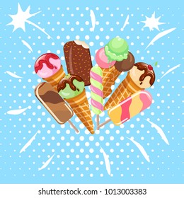 Collection of ice cream sweet dessert cold food vector illustrations isolated on white. Tasty creamy snack dairy waffle flavor cold ice-cream frozen scoop. Soft delicious milk icecream ball.