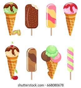 Collection of ice cream sweet dessert cold food vector illustrations isolated on white.