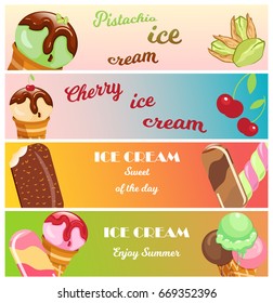 Collection of ice cream sweet dessert cold food vector illustrations isolated on white. Tasty creamy snack dairy waffle flavor cold ice-cream frozen scoop.