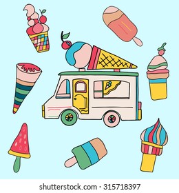 Collection of ice cream and ice cream truck elements. Vector illustration in cute doodle style.
