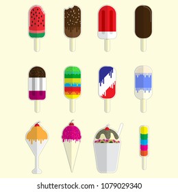Collection of ice cream in a variety of forms Popsicle sticker with cream colored background