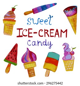 Collection of ice cream vector illustration in doodle style. Watercolor hand drawn elements.