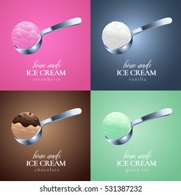 Collection of ice cream vector logo, sign, symbol, emblem, illustration. Design element with strawberry, vanila, chocolate, green tea ice cream in a scoop