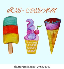 Collection of ice cream watercolor elements  on blue background.