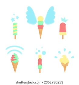 Collection of ice creams in doodle style with decorative elements near each other.