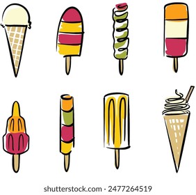 collection of ice creams and ice lollies vector, hand drawn illustrations