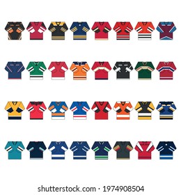Collection of ice hockey icons of team jerseys from america and canada. Hockey illustration of home jerseys.