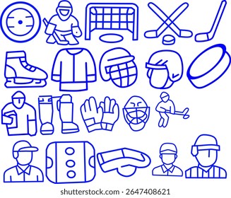 A collection of ice hockey themed blue line icons featuring equipment, players, referees and arenas. Suitable for sports designs, apps and winter promotional materials.