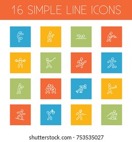 Collection Of Ice Skating, Stick, Power-Lifting And Other Elements.  Set Of 16 Fitness Outline Icons Set. 
