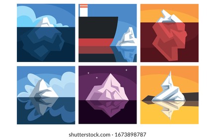 Collection of Icebergs Floating on Water with Underwater Parts, Beautiful Nothern Landscape Vector Illustration