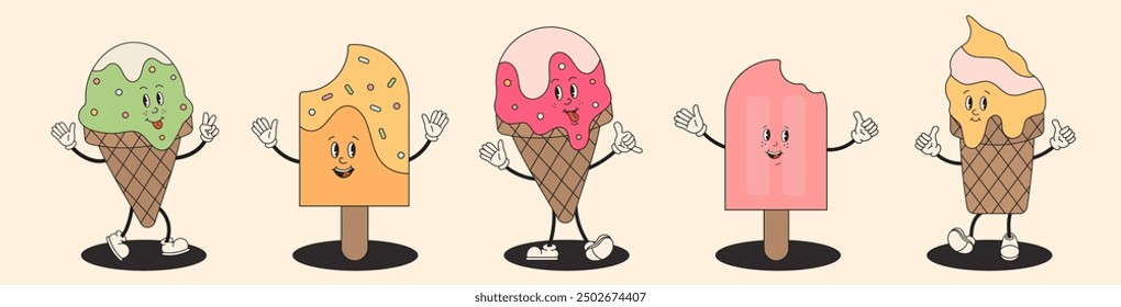 Collection ice-cream cones and Popsicle in retro groovy style. Hippy Ice cream mascot personage set. Cheerful summer delicacy, tasty colorful gelatos. For poster, flyer, party invitation, banner.