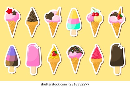 Collection of ice-cream stickers. Waffle cone, ice cream scoop. A set of delicious, bright ice cream. Frozen dessert, summer candies, vanilla ice cream. Cold ice cream, sweet food logo