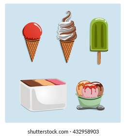 Collection of ice-creams, isolated in a blue background. Cones, ice cream pot, ice cream cup with a spoon.