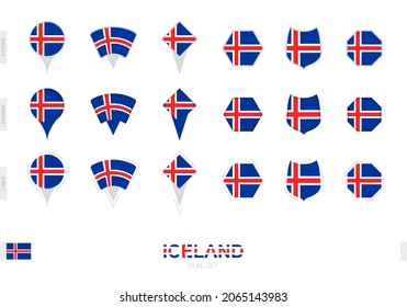 Colección de la bandera islandesa en diferentes formas y con tres efectos diferentes. Indicador de vector establecido.