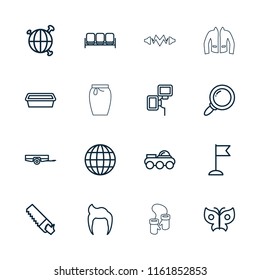 Collection icon. collection of 16 collection outline icons such as barrow, sofa, man hairstyle, saw, pot for plants, flag, globe. editable collection icons for web and mobile.