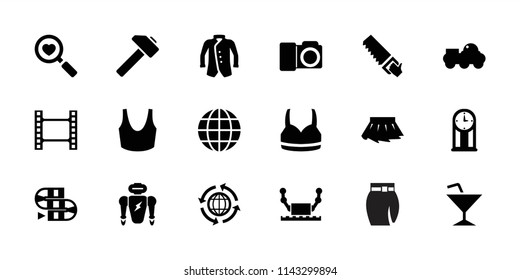 Collection icon. collection of 18 collection filled icons such as sport bra, jacket, saw, movie tape, heart search, robot. editable collection icons for web and mobile.