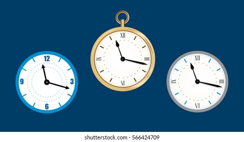 collection icon of clock. Wall clock vector illustration, Flat. Set clock on dark background.