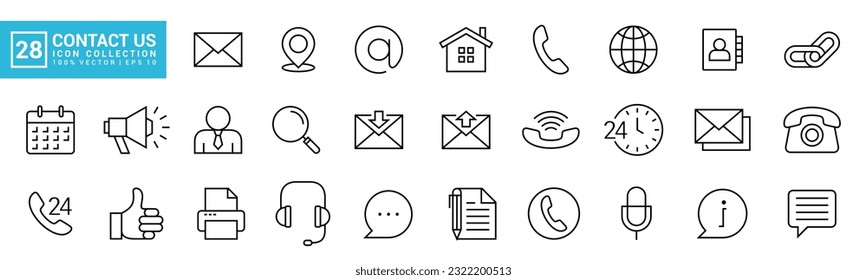 Collection icon of contact us, contact, address, location, call, editable and resizable EPS 10.