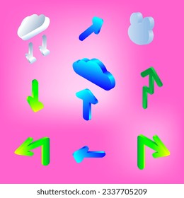 Colección de iconos elemento 3d nube isométrica carga flecha de descarga símbolo de señalización fondo abstracto ilustración vectorial
