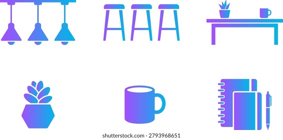 Collection of icon elements, pendant lights, stools, table, plant, mug, notebook, pen.