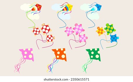 Collection icon Flying kite and clouds in colorful sky. set of Summer.