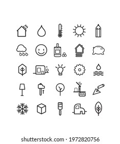 collection of icon to illustrate the passive house, sustainable construction, vector symbols, well-being, natural. Electricity, quality, water, air, environment, resource, autonomous, independent