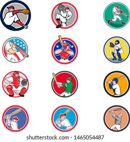 Collection of icon illustration of cartoon character American baseball player, pitcher or batter, batting, pitching or throwing ball set inside circle isolated on white background.