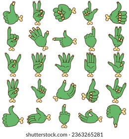 Collection of icon illustrations of various zombie hand poses and symbols