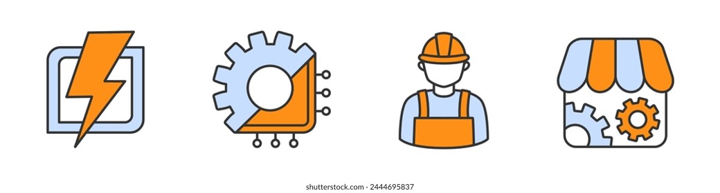 Collection of icon on topic electrical engineering in white, blue and orange colors. Set including lightning, chip and gear, handyman, parts store.