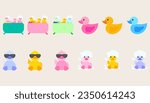 Collection icon rubber duck or ducky bath toy flat. Cute rubber floating for children. set of rubber duck.