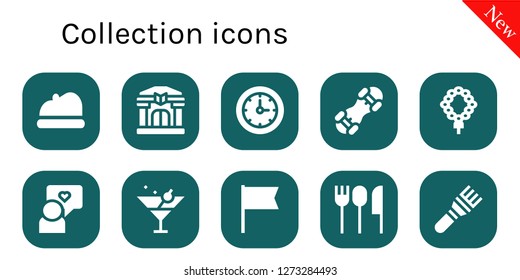  collection icon set. 10 filled collection icons. Simple modern icons about  - Beret, Library, Clocks, Snowboard, Necklace, Speech, Martini, Flag, Cutlery, Brush