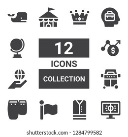 collection icon set. Collection of 12 filled collection icons included Football, Clothes, Flag, Conga, Grill, Worldwide, Chart, Circus, Business, Globe, Whale, Crown