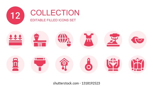 collection icon set. Collection of 12 filled collection icons included Flowers, Airport, Grid, Dress, Savannah, Lantern, Cable, Cuckoo clock, Threader, Worldwide, Lemon, Jacket