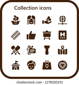  collection icon set. 16 filled collection icons. Simple modern icons about  - Ship, Girl, Money, Earth, Hair curler, Hand, Canvas, Hotel, Cricket, Speech, Spatula, Map, Circus