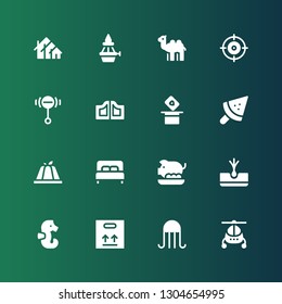 collection icon set. Collection of 16 filled collection icons included Helicopter, Jellyfish, Package, Seahorse, Tuber, Pork, Bed, Pudding, Popsicle, Magic, Doors, Rattle, Shooter