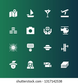 collection icon set. Collection of 16 filled collection icons included Layers, Scarf, Customer, Witch, Tonfa, Rolling pin, Brush, Fireworks, Helicopter, Earth grid, Photo camera