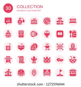 collection icon set. Collection of 30 filled collection icons included Bubble speech, Perfume, Brownie, Drum, Macarons, Grill, Voltmeter, Lemon, Ice cream, Ibooks, Bug, Sink, Cream