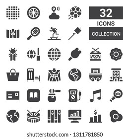 collection icon set. Collection of 32 filled collection icons included Egg, Chart, Parquet, Drum, Earth, Package, Music note, Voltmeter, Honey, Ibooks, Postcard, Hotel, Mining