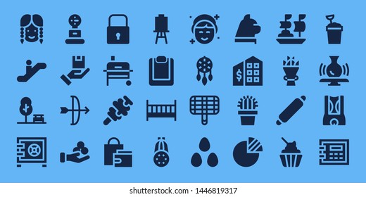 collection icon set. 32 filled collection icons. on blue background style Collection Of - Girl, Escalator, Park, Safebox, Weight, Package, Arc, Money, Lock, Grill, Ice cream, Shopping bag