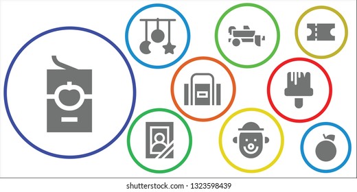 collection icon set. 9 filled collection icons.  Collection Of - Tomato sauce, Crib toy, Trailer, Portrait, Clown, Sport bag, Paint brush, Coupon, Orange