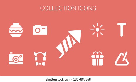 collection icon set. 9 filled collection icons.  Simple modern icons such as: Firecracker, Devil, Camera, Vase, Triangle, Screw, Gift box, Brightness