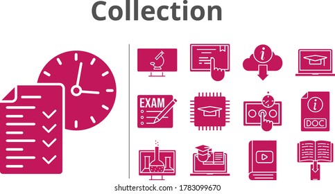 collection icon set. included exam, chemistry, chip, ebook, student-laptop, test, doc, training, touchscreen, information, microscope icons. filled styles.
