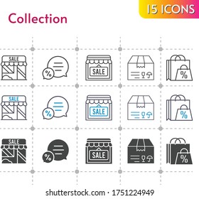 collection icon set. included shopping bag, shop, package, chat icons on white background. linear, bicolor, filled styles.
